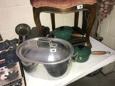A large quantity of kitchen ware including 2 green Le Cruet sauce pans.