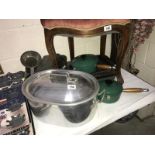 A large quantity of kitchen ware including 2 green Le Cruet sauce pans.