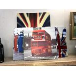 A quantity of London tourist prints on canvas and a mirrored glass tray.