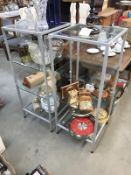 A pair of metal & glass display shelf units