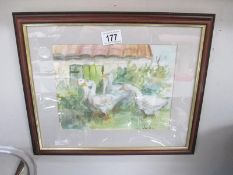 A framed and glazed watercolour of geese,