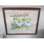 A framed and glazed watercolour of geese,