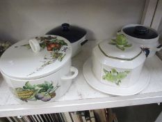 3 lidded kitchenalia pots and a cheese dish