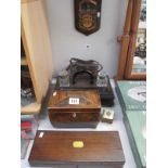 A desk tidy with ink bottles, tea caddy, wooden box, cased binoculars etc.