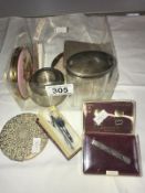 2 silver rimmed pots, compacts, tie pins etc.