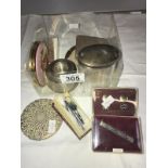 2 silver rimmed pots, compacts, tie pins etc.