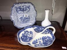 An Adams style blue and white plate and a Wedgwood blue willow comport.