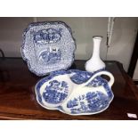 An Adams style blue and white plate and a Wedgwood blue willow comport.