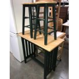 A green painted kitchen table & 2 stools