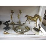 A mixed lot of brass and other items including discus thrower, springbok, mirror,