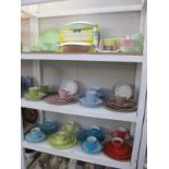 A fabulous lot over 3 shelves of vintage Gaydon Melmex melamine tea and dinner ware,
