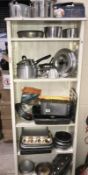 6 shelves of stainless steel and aluminium kitchen pans etc.
