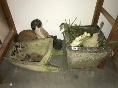 2 concrete planters & a snail on a motorbike garden ornament