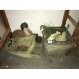 2 concrete planters & a snail on a motorbike garden ornament