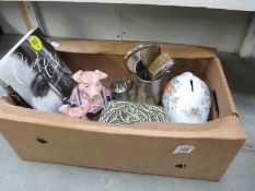 A mixed lot including silver backed mirror, brush etc. Nat West pigs, Sylvac, piggy bank etc.