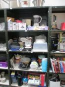 4 shelves of kitchenalia including scales, new cake tins etc.