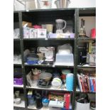 4 shelves of kitchenalia including scales, new cake tins etc.