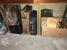 6 assorted vintage suitcases including Cunard White Star Line label for RMS Aquitania dated 1948,