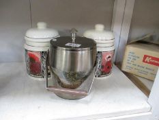 A vintage ice bucket and 2 storage jars