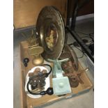 4 assorted vintage weighting scales, weights and 2 brass chargers.