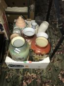 A quantity of large Victorian painted glass vases and other vases.