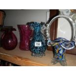 2 cranberry glass vases and 2 others