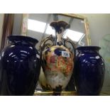 A pair of blue vases and a Victorian vase