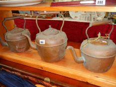 3 old copper kettles