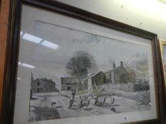 A framed and glazed picture of a farmyard scene