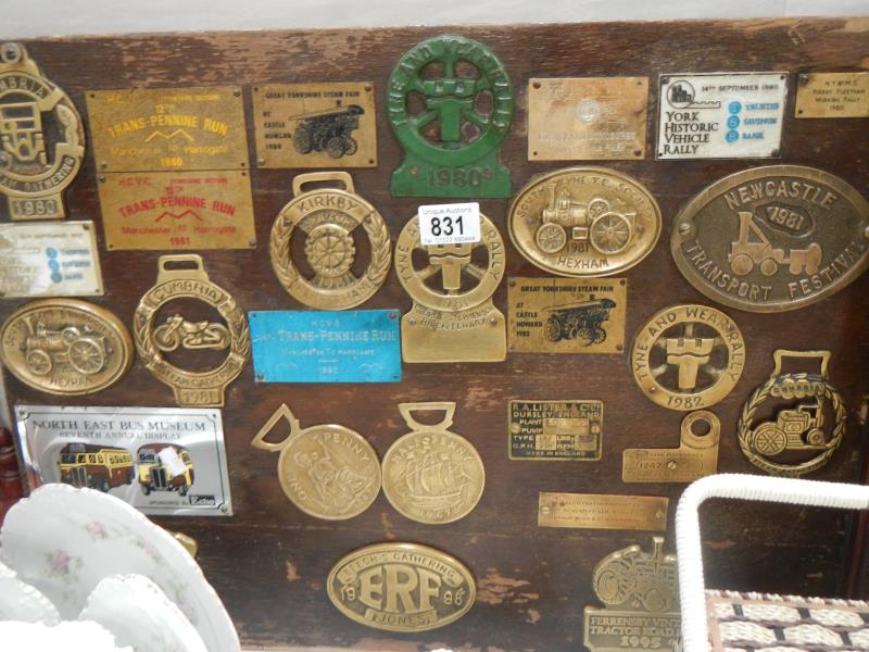 A collection of brass badges and plates from Steam fairs etc