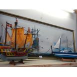 A painting of a tall ship and two model ships
