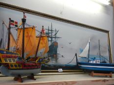 A painting of a tall ship and two model ships