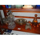 A Mary Gregory style decanter and glasses, An ornate white metal topped decanter a/f, etc.