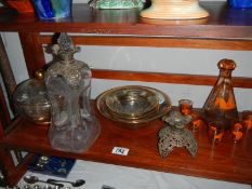 A Mary Gregory style decanter and glasses, An ornate white metal topped decanter a/f, etc.