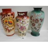 3 good Victorian hand painted vases 12" to 14" tall, in good condition.
