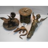 An interesting collection of old brass and bronze items including string box, chamber candlestick,