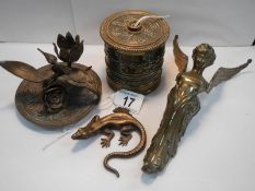 An interesting collection of old brass and bronze items including string box, chamber candlestick,