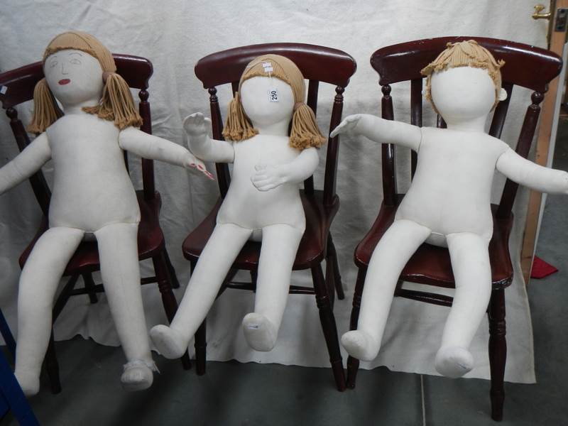 3 cloth mannikin dolls, 32" - 41" tall, in good condition apart from one foot needs repair.