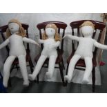 3 cloth mannikin dolls, 32" - 41" tall, in good condition apart from one foot needs repair.