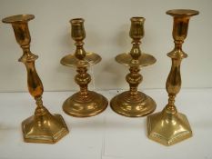 A pair of heavy Georgian brass candlesticks, 9" tall,