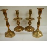 A pair of heavy Georgian brass candlesticks, 9" tall,