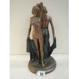 An art deco style figure of a semi nude and a nude lady, 12.5" tall.