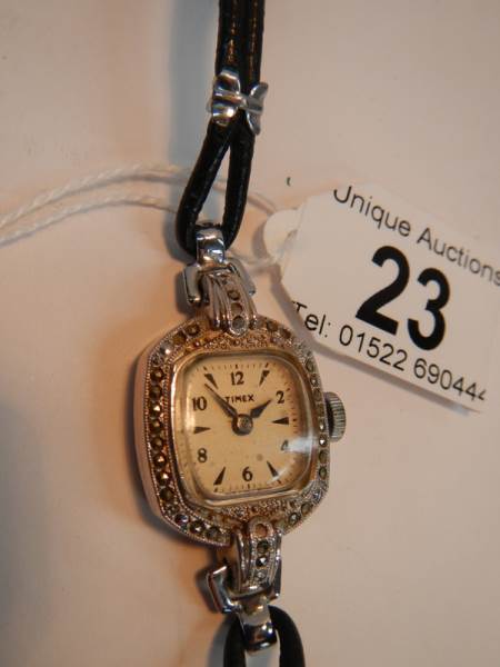 A ladies Timex Art Deco wrist watch in working order.