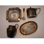 A silver mustard pot with spoons, a Silver pin dish,