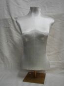 An old shop display bust covered in silk and on metal base, 28" tall.
