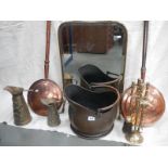 A mixed lot of old brassware including coal scuttle, 2 warmingpans, mirror, fire screen etc.