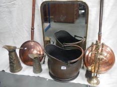 A mixed lot of old brassware including coal scuttle, 2 warmingpans, mirror, fire screen etc.