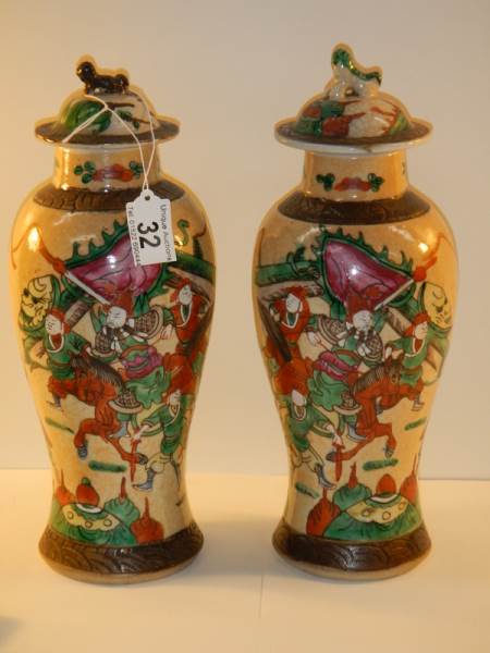 A pair of Satsuma vases in good condition, 12", 30 cm tall.