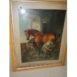 A large framed and glazed study of a blacksmith shoeing a horse,