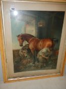 A large framed and glazed study of a blacksmith shoeing a horse,
